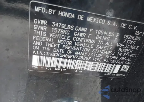 2015 Honda Fit Ex/Ex-L from USA, damaged, VIN 3HGGK5H89FM738287